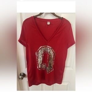 Victoria’s Secret Pink Ohio State Sequin Jersey Mesh V Neck T-shirt Bling Size L